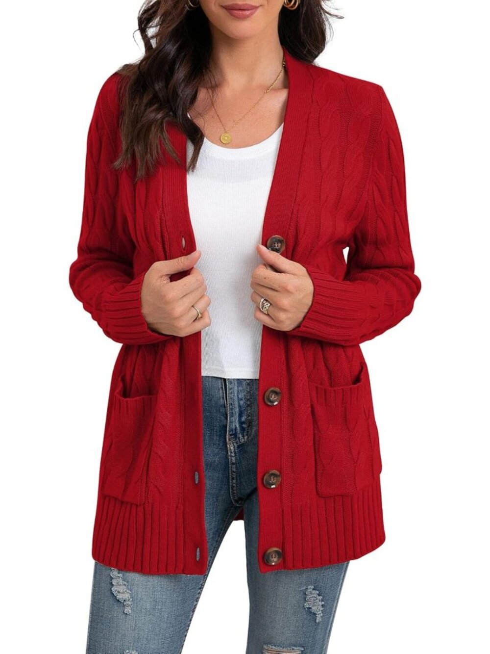 Cozy Long Sleeve Cable Knit Cardigan Sweater with Pockets for Women